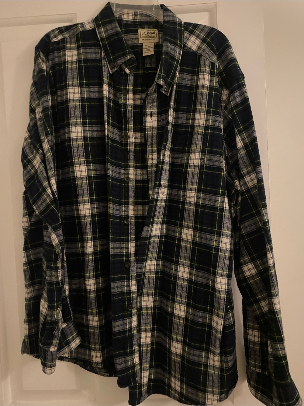 L.L. Bean Men's Navy, Green and White Plaid Button-Down Shirt